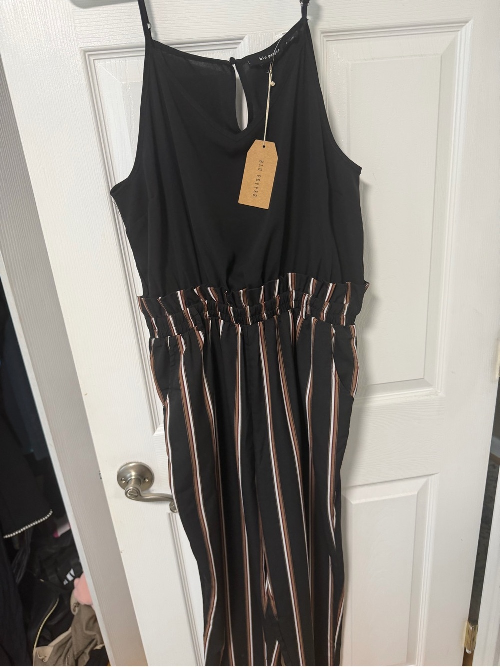 Blu Pepper Black Strapless Jumpsuit with Tan & White Stripes